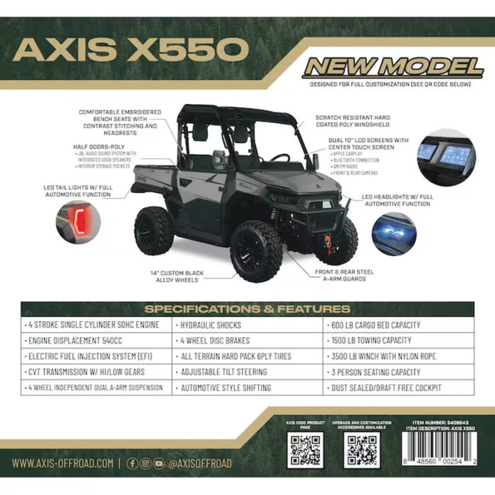 X550 CAMO, 540Cc, Dual Full Color 10-In Screens with Apple Carplay/Bluetooth, Front and Rear Cameras, Tilting Cargo Bed
