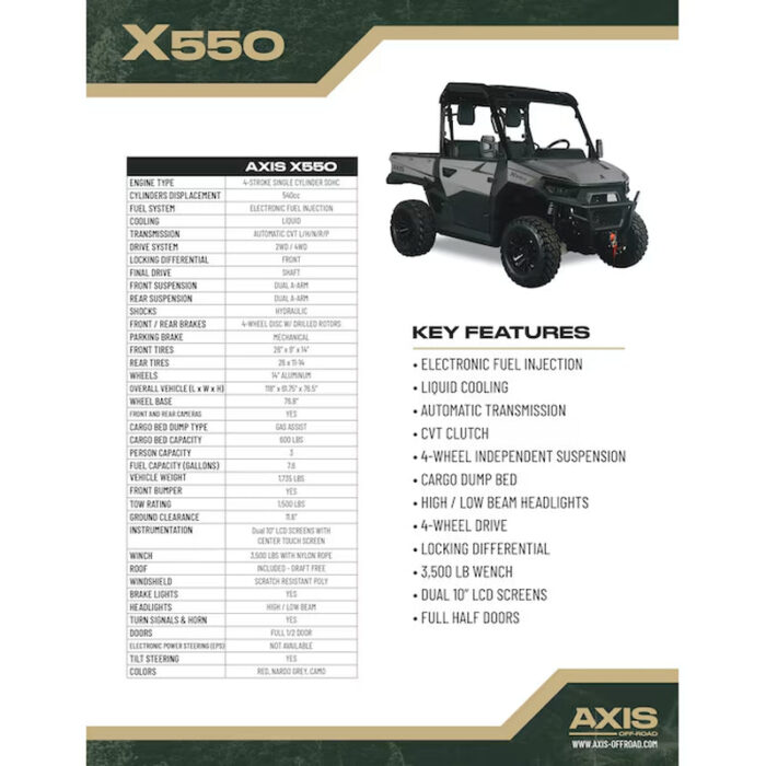X550 CAMO, 540Cc, Dual Full Color 10-In Screens with Apple Carplay/Bluetooth, Front and Rear Cameras, Tilting Cargo Bed